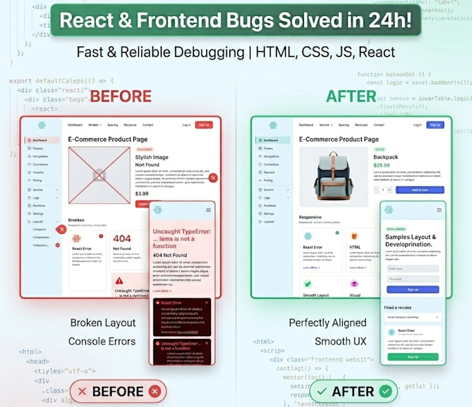 fix HTML CSS js and react bugs, responsive issues in 15 hours
