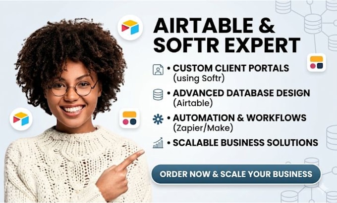 build airtable database, softr web app, and client portal