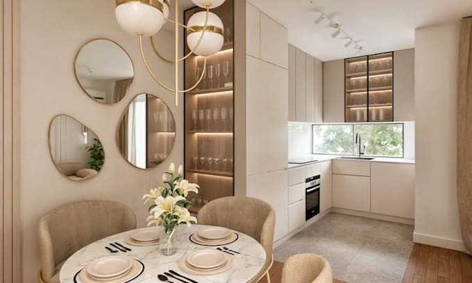 render3d minimal living space,villa interior,open concept kitchen,bedroom design