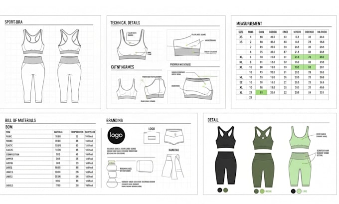 design activewear tech pack seamless gym set flat sketch bom spec sheet