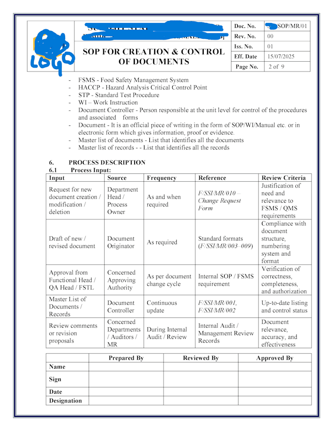 prepare gmp documentation and process documents
