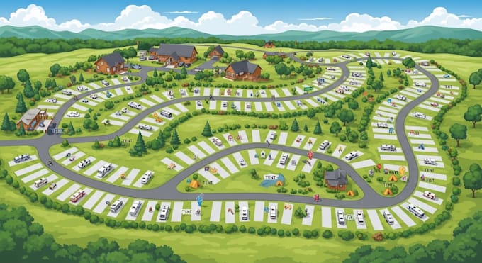 create detailed 2d 3d vector map rv park resort map, campground map illustration