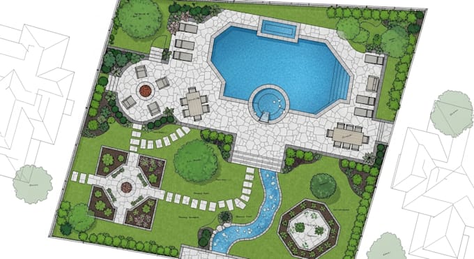design layout 2d, landscape garden, backyard, pool