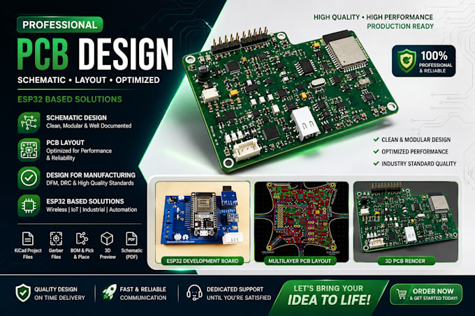 do professional pcb design, circuit design, pcb layout in kicad and esp32
