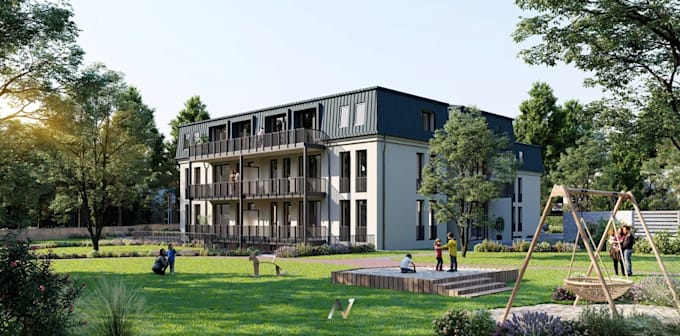 3d apartment complex,residential site,cgi outdoor seating area,playground render