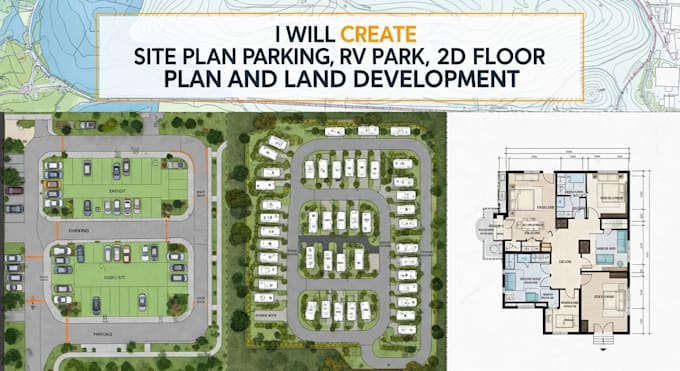 create site plan for parking, rv park, 2d floor plan and land development