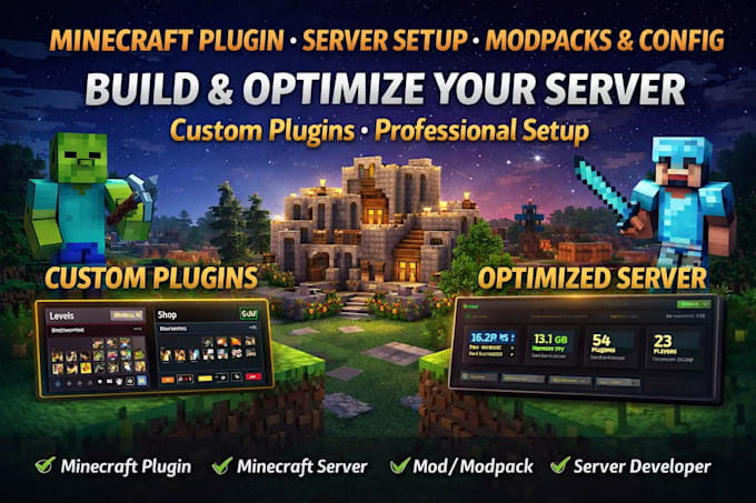 develop minecraft plugin, setup minecraft server, modpack and config