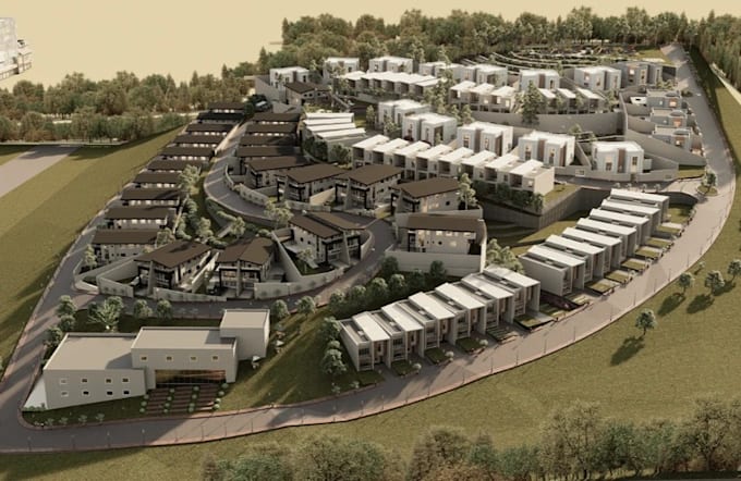 zone3d residential development,hillside estate,terraced townhouses,aerial render