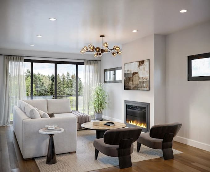 do apartment interior, house exterior, photorealistic render