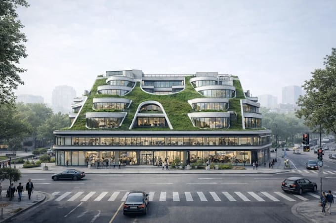 correct urban design error, render green commercial buildings for presentation