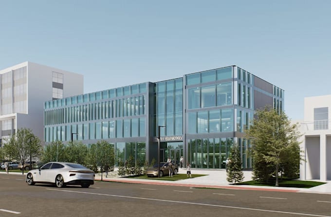 build modern commercial complex, office building design, cgi exterior rendering
