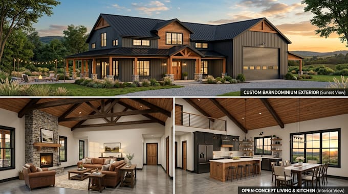 create custom 3d barndominium exterior and interior renderings