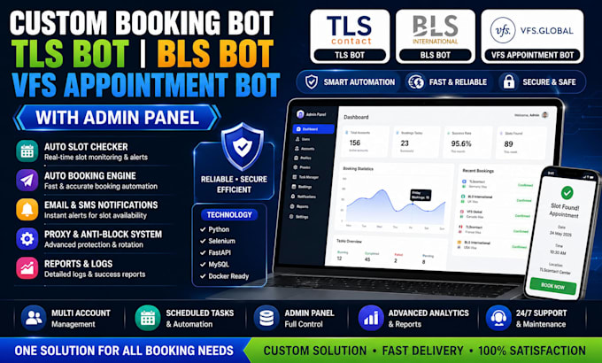 do custom booking bot,tls bot, bls bot, vfs appointment bot with admin, tls bot