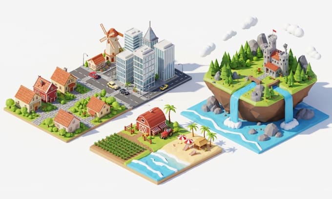 model 3d low poly isometric environment, interior and exterior in blender