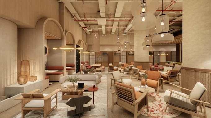 restyle 3d cozy cafe interior,commercial space,restuarant design,cgi lounge area