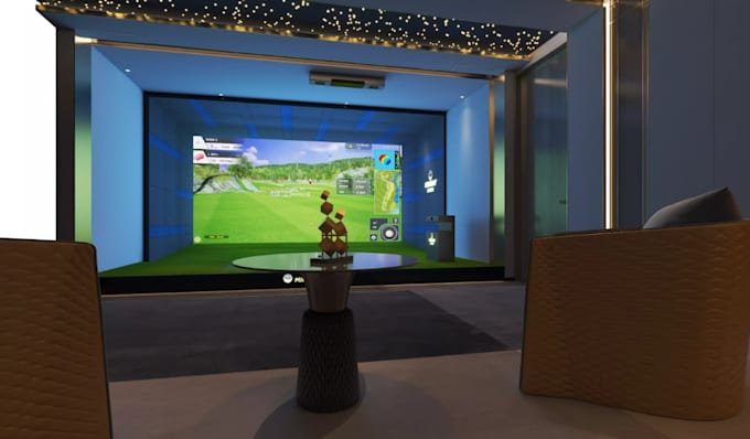 redesign 3d golf simulator,hitting mat,impart screen,golf showroom,indoor lounge
