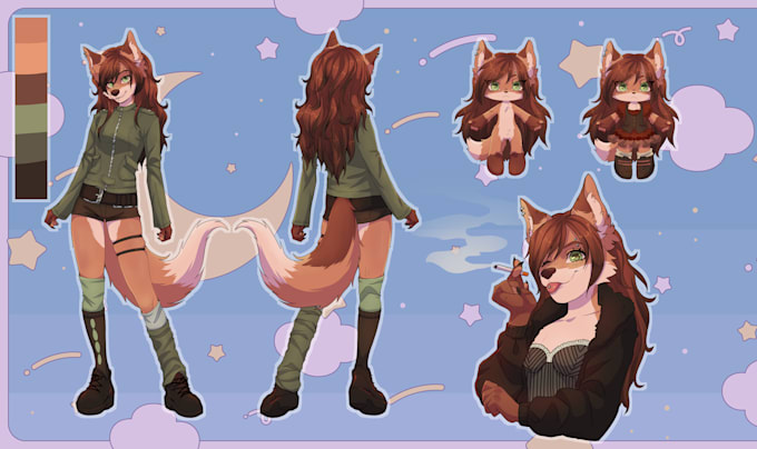 draw a professional furry anthro character reference sheet