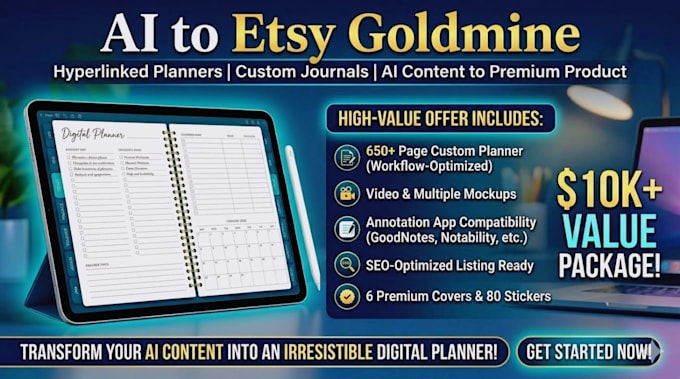 design etsy digital planner, hyperlinked planner, digital journal