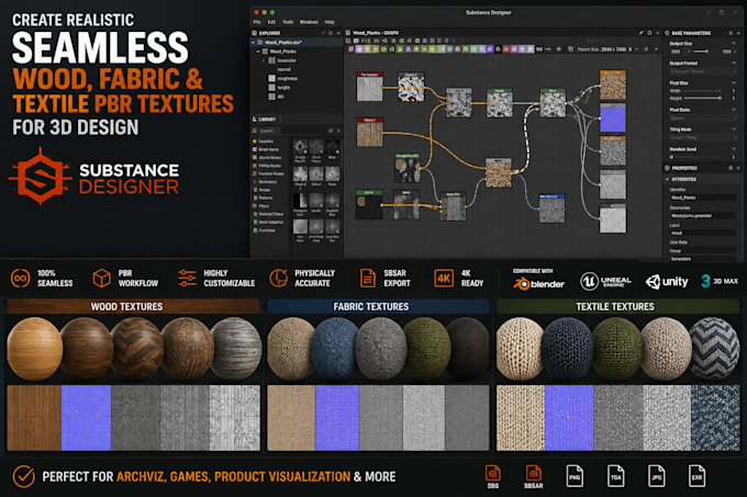 create realistic seamless wood, fabric and textile pbr textures for 3d design