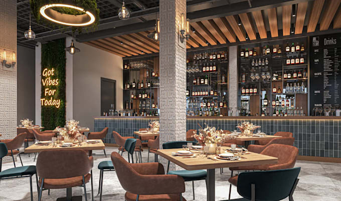 revamp restaurant interior, industrial chic bar, lounge area render, brick wall