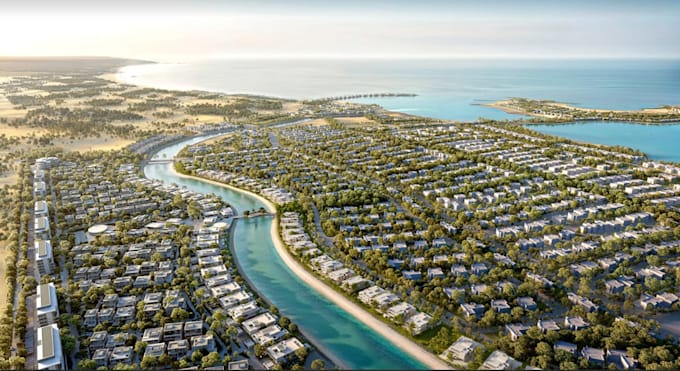 construct community landscape, street layout, area development, aerial rendering