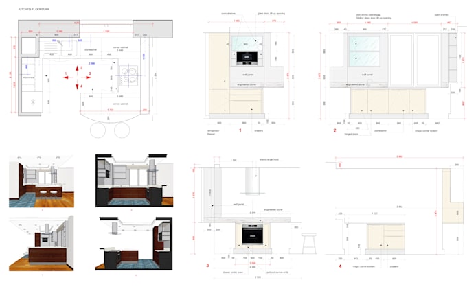 design kitchen layout with 2d elevations and 3d views