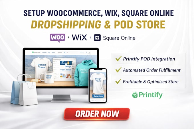 setup woocommerce wix squareonline dropshipping pod store integrate printify ads