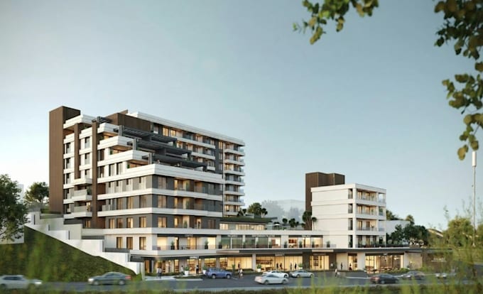 renewing 3d downtown area,high density development,tiered terraces,aerial render