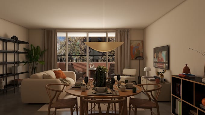 do interior decor plan with 3d model and renders for livingroom,bedroom,kitchen