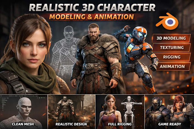 do 3d modeling character 3d model blender art mesh rigging animation model game