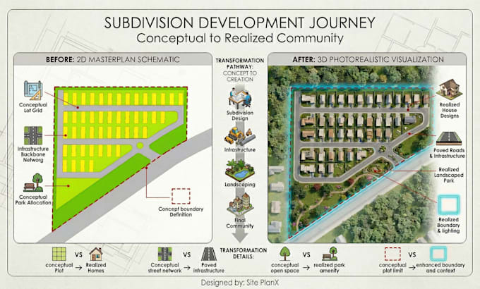 draw subdivision and site plan layout and render landscape