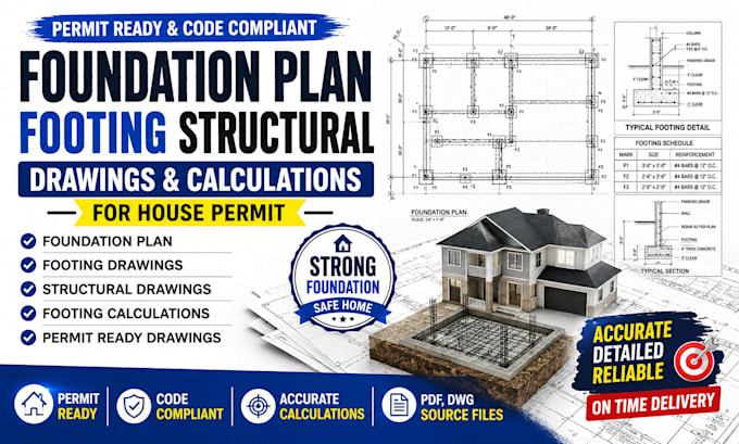 create foundation plan footing structural drawings and calculations for house pe