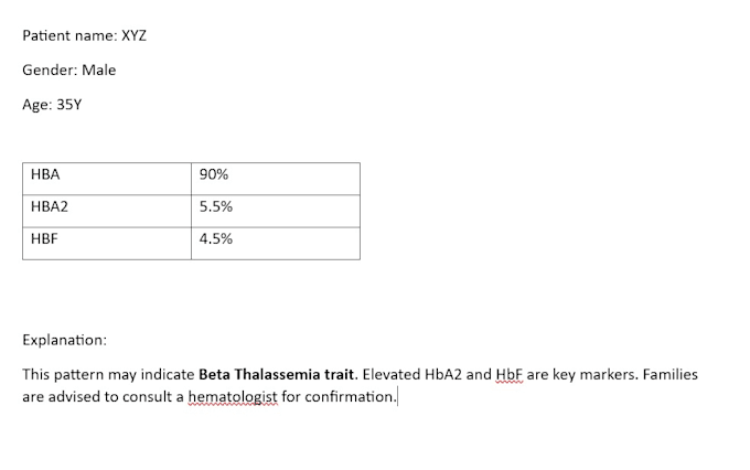 interpret hplc report for beta thalassemia screening