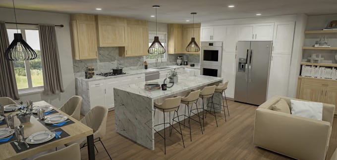 refresh multizone basement design,island kitchen,house open plan render,3dlayout