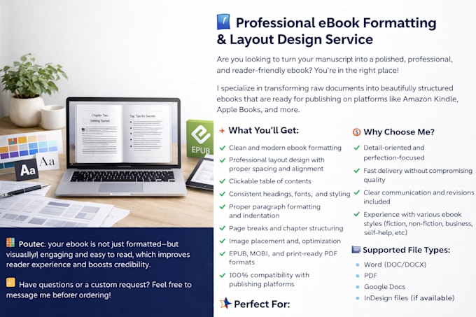 do paperback formatting, ebook formatting and layout design