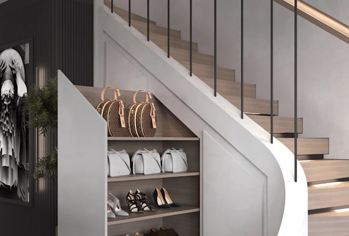 create staircase design, open plan living, marble thread, ensuite bedroom render