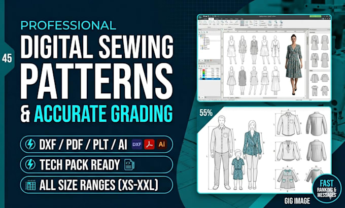 create professional digital sewng patterns with size grading and tech packs