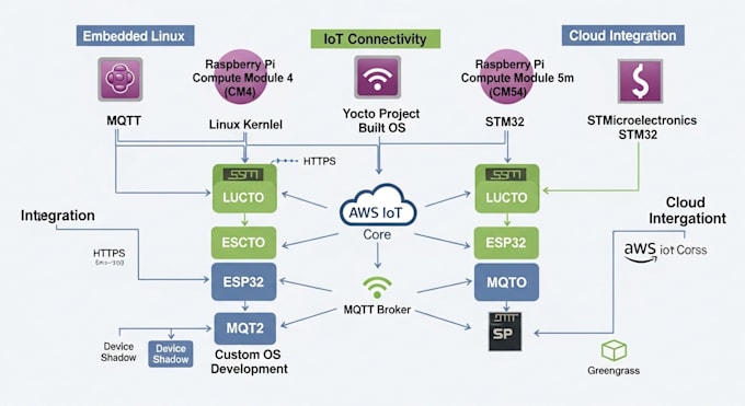 do embedded linux on cm4, cm5m, esp32, stm32, AWS iot, mqtt, yocto projects