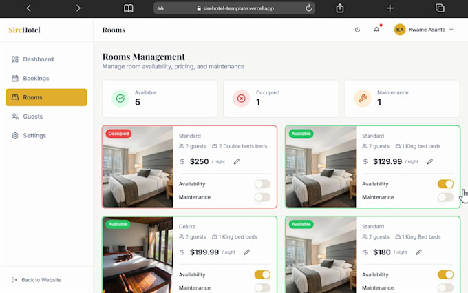 build hotel website admin dashboard for booking and guests