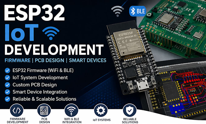 develop esp32 iot embedded system, pcb design, wifi ble firmware, smart device
