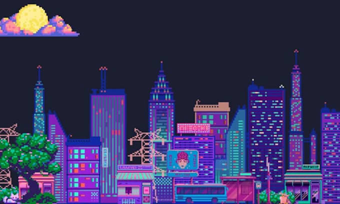 create pixel art background, landscape, illustration