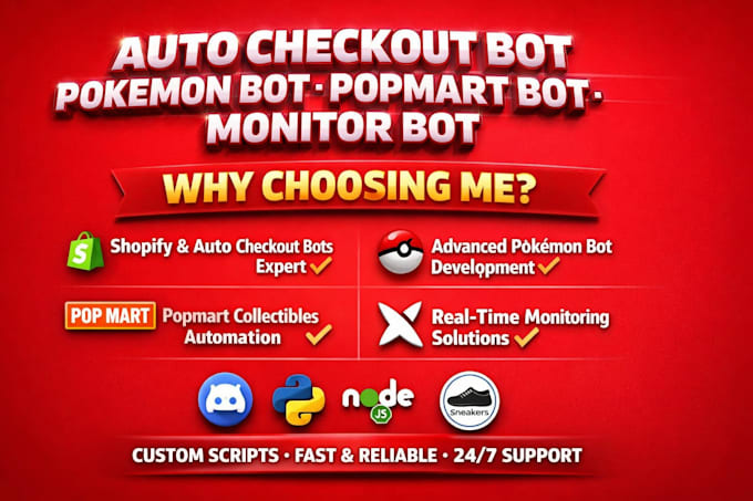 build auto checkout bot, pokemon bot, popmart bot, monitor bot