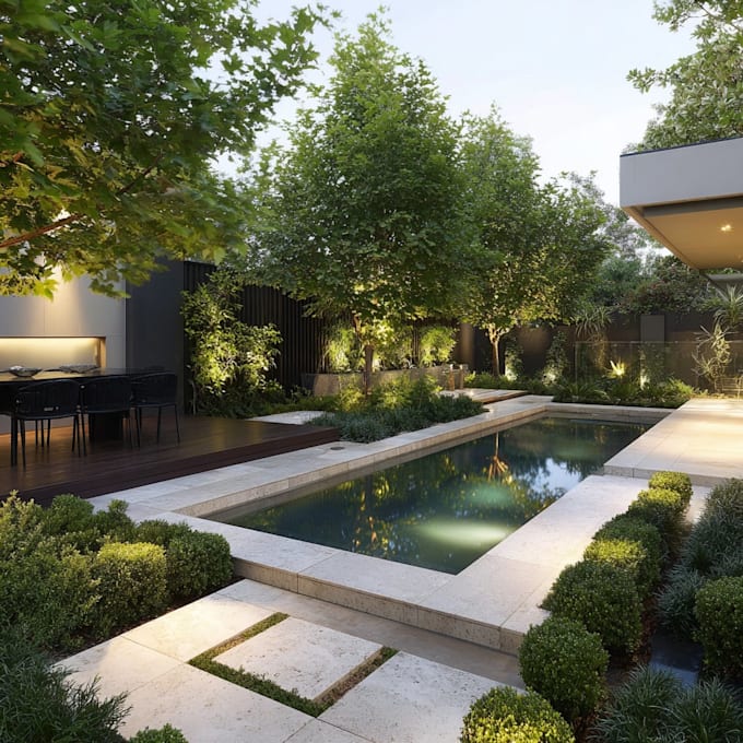 design landscape, terrace, backyard, pool, and patio