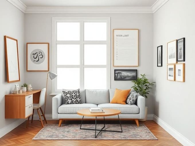 create interior mood board, shopping list, floor plan