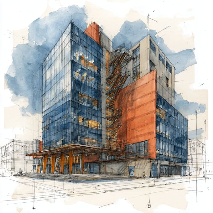 sketch architecture building with watercolor rendering