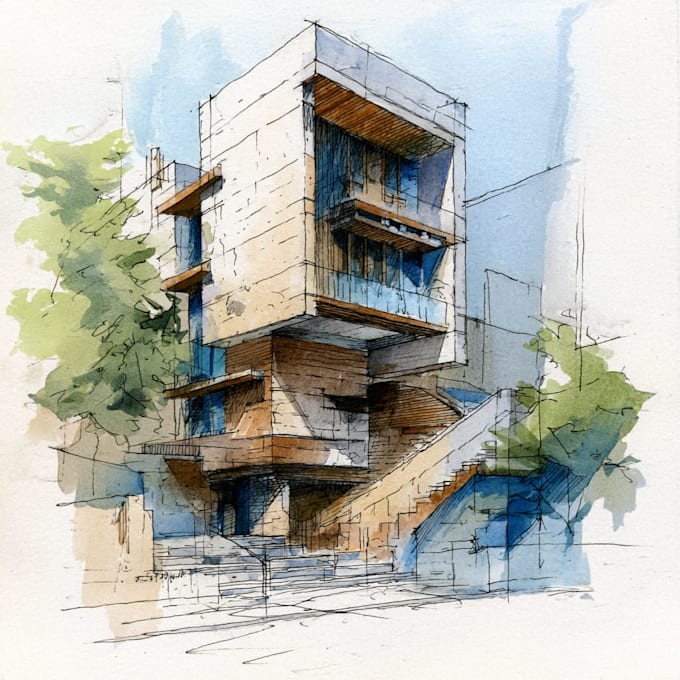 Sketch architecture building with watercolor rendering by Jehoiaakim ...