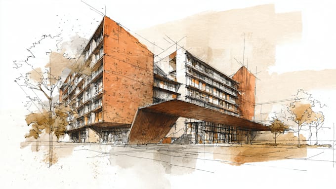 sketch architecture building with watercolor rendering