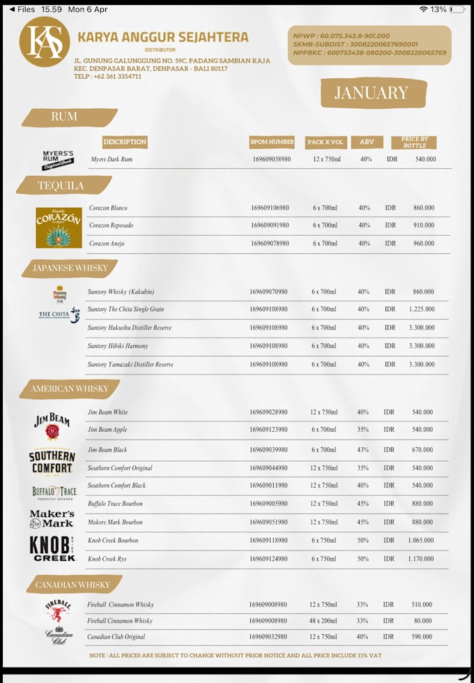 design pricelist for comercial