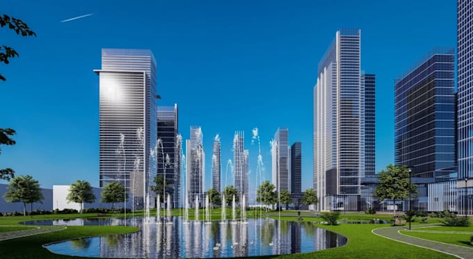 model 3d architectural render, high rise office building, commercial development
