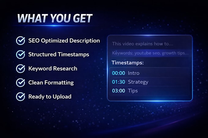 write SEO youtube description with timestamps for more views